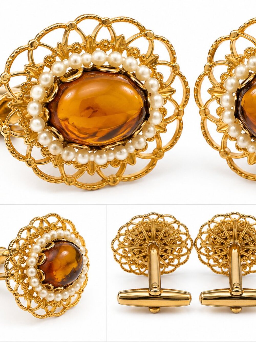 Vintage Gold Tone Cufflinks w/ Amber Cabochon & Faux Pearl Halo – Ornate Filigre